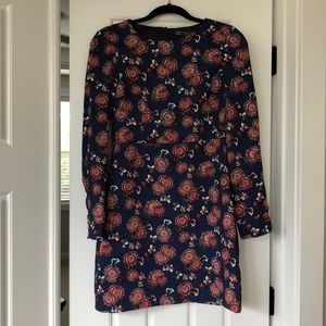 Zara Trafaluc Navy Retro Floral Long Sleeve Dress